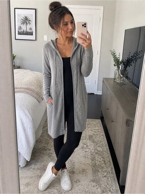 100% Cashmere Gray Zip Hoodie Cardigan Longline Cozy Minimalist Sweater